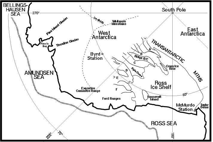 Locations of West Antarctic ice streams A through F